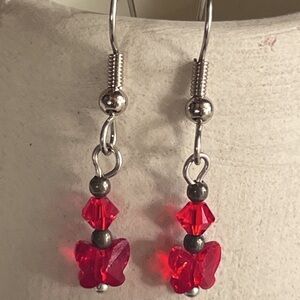Bright Red Crystal Butterfly Drop Dangle Earrings
